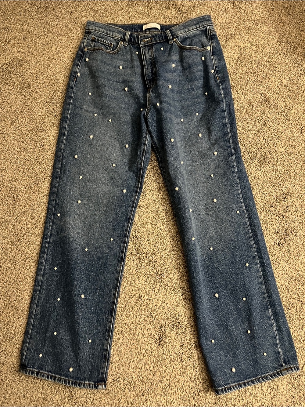 LOFT Dark Blue Straight-Leg Jeans with Pearl Embellishment